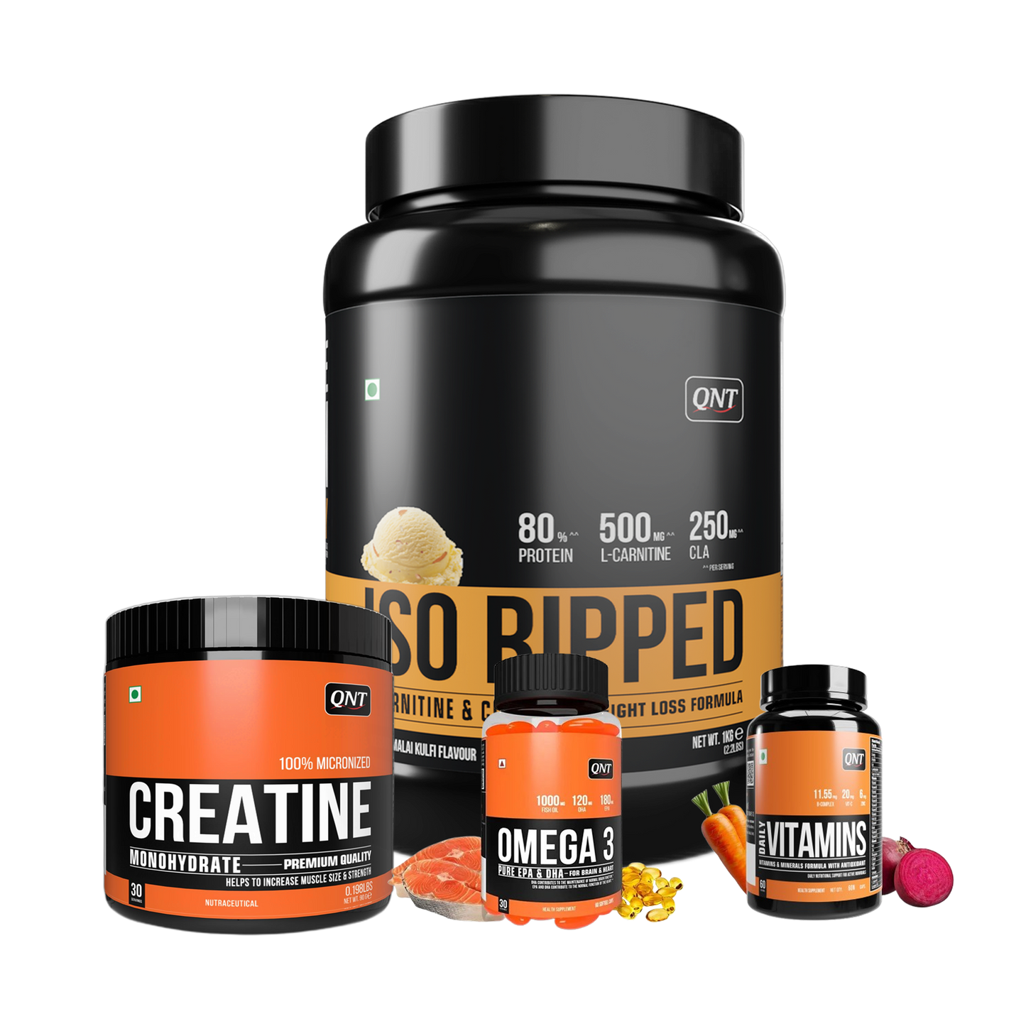 QNT Combo - 1kg Iso Ripped, Multivitamin, Fish Oil, 90g Creatine