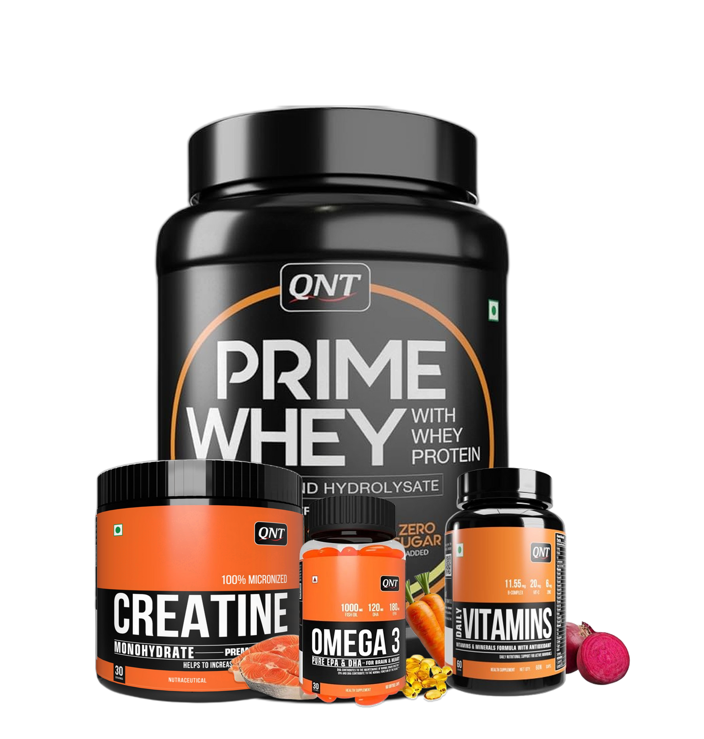 QNT Combo - 1kg Prime Whey, Multivitamin, Fish Oil, 90g Creatine